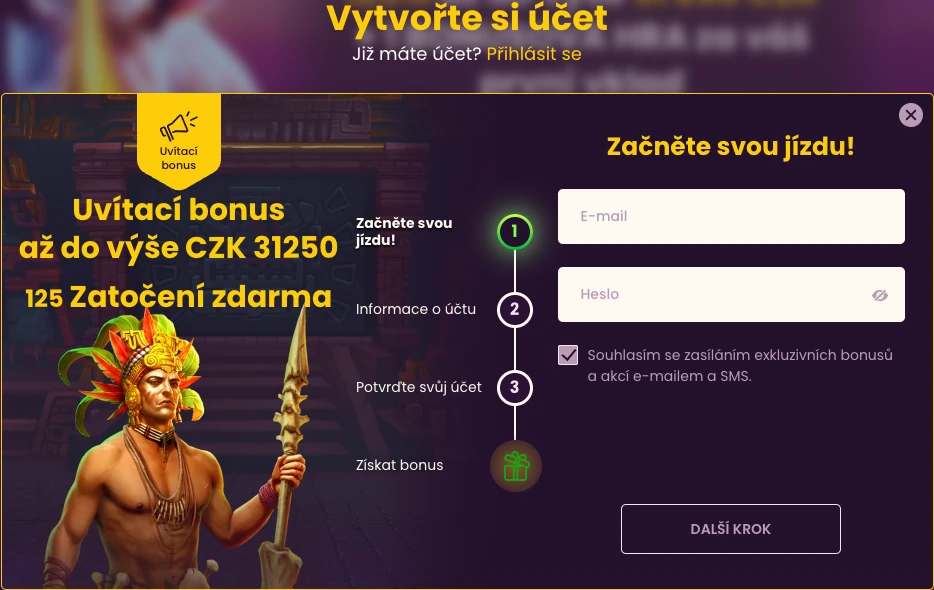 Registrační formulář Bizzo Casino v češtině